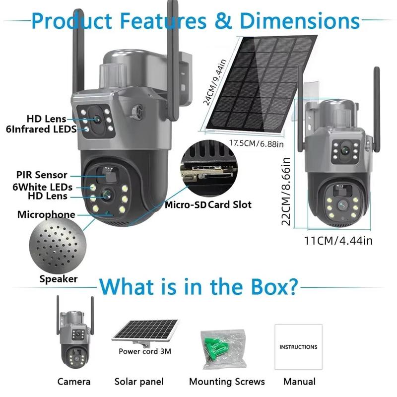 Solar Powered Wireless Security Camera, 2K Solar Security Camera, 360° Rotatable Low Power Consumption WiFi Security Camera for Factory Parking Lot Farm