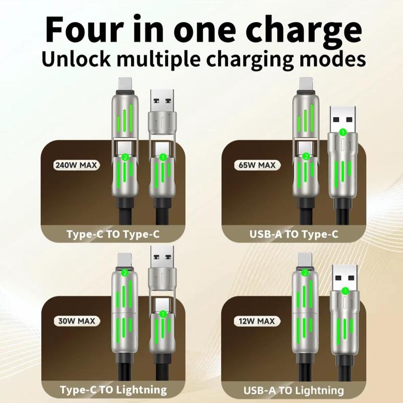 4-in-1 Universal USB Charging Cable-MAX240W Fast Charging charger cord with USBA+TYPE C+Lightning for iPhone 16 15iPad,Samsung galaxy Devices 240 w cable 4in 1 cable max orange  charger