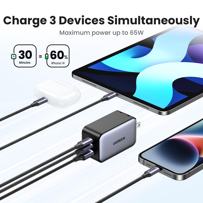 UGREEN 65W USB C GaN Charger Bundle with 3.3FT 100W USB C to USB C Cable Fast Charging, USB C to Lightning Cable Compatible with iPhone 16 15, iPhone 14, MacBook Air, Galaxy S24 S23 Foldable Plug Electronic Device--Black Friday