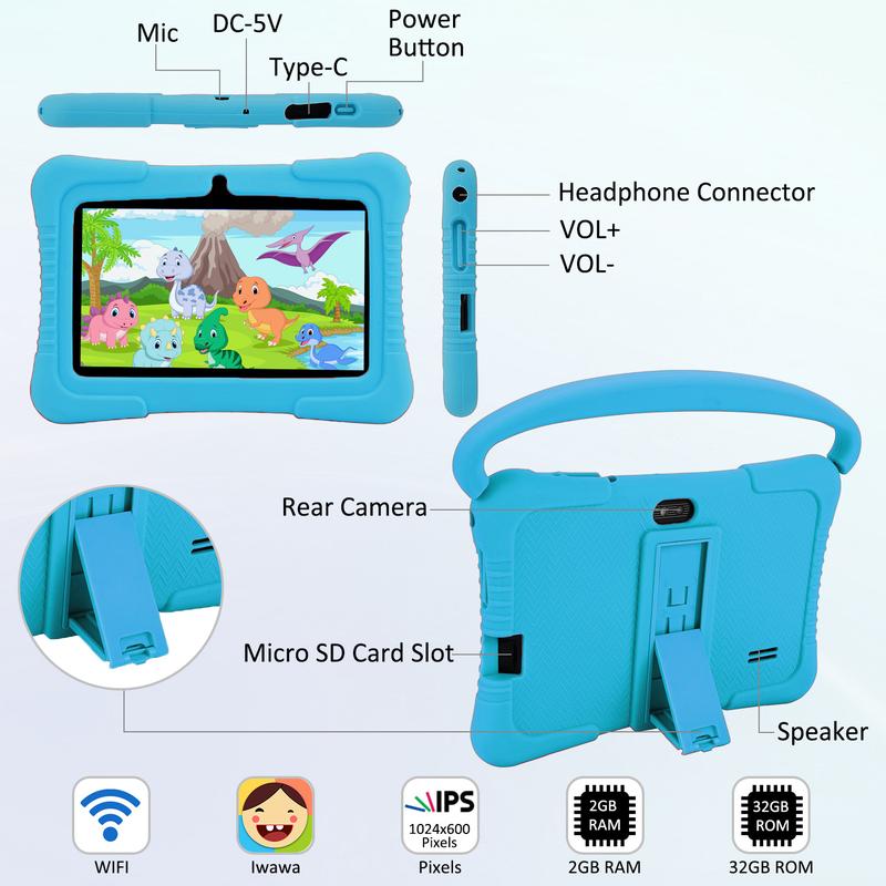 Veidoo Android Kids Tablet, 7-inch IPS Screen, 32GB ROM, Safety Eye Protection, Compact Education Tablet for Toddler, WiFi, Games, Parental Control