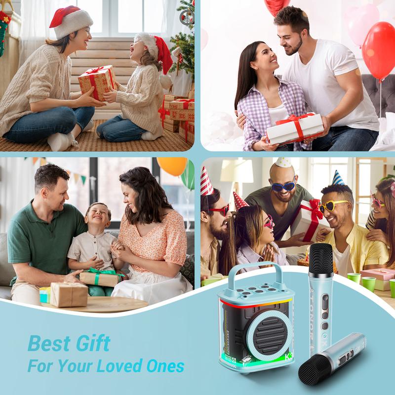 TONOR Mini Karaoke Machine with 2 Wireless Microphones, Portable Bluetooth Speaker for Kids Adults with Microfono Mic and Colorful LED Lights, Children Girls Boys Birthday Gift Home Singing Party