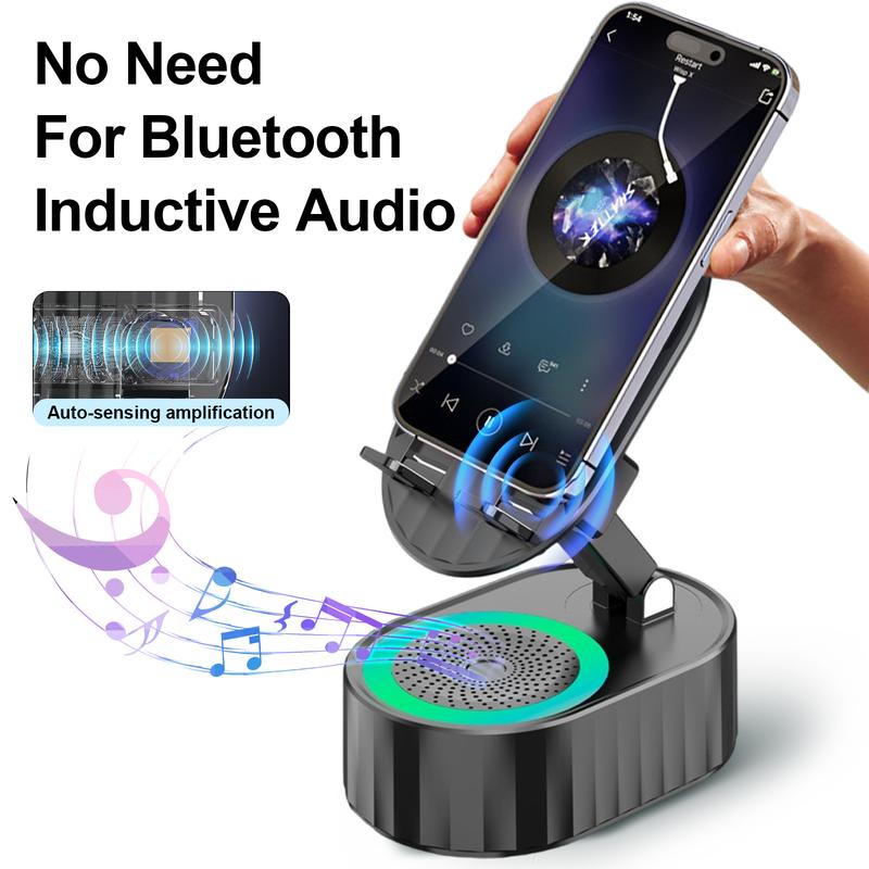 AKLLCCR 5in1 Wireless Speaker Cell Phone Stand with Bluetooth Induction Audio & Atmosphere Light Power Bank, 5.3 HD Surround Subwoofer Sound,300° Rotable Adjustable Foldable Lift-Non-Slip Base, Fits All Phones,Tablets