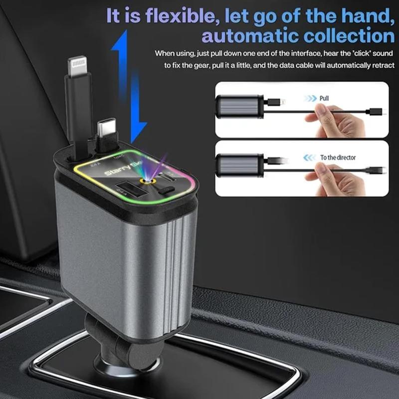  Starlight Car Top Charger-4 in 1 Retractable Starlight Car Charger, Type C , Compatible with iPhone Pro Max Plus iPad AirPods,  Google retractable car dual charge port car roof