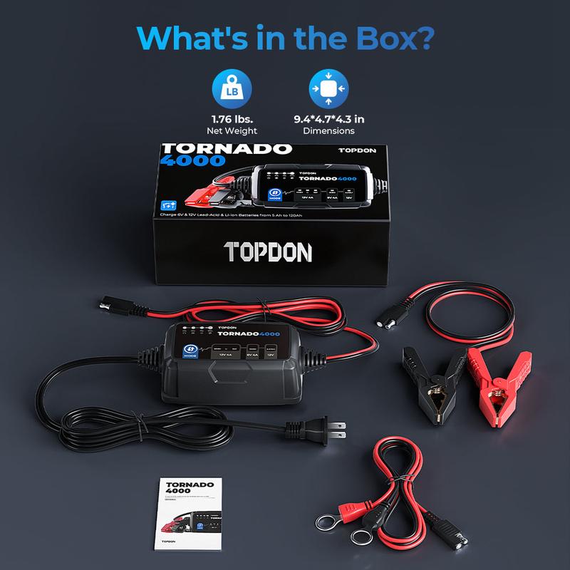 Compact TOPDON Tornado4000 Battery Charger for 5-120Ah Batteries, 9-Step Smart Charging & Desulfation Capabilities, Lithium Accessories Charging