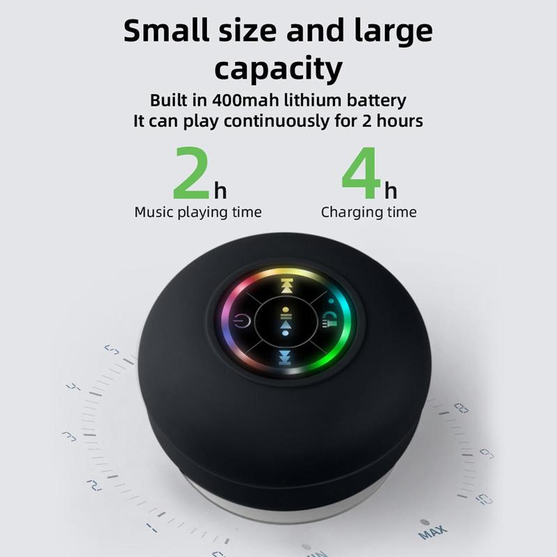 Waterproof Speaker, Portable Wireless Speaker With Suction Cup, USB Rechargeable Black Speaker With 2 Hours Play Time 3.7V 400mah Battery 5.0 Wireless Version Life For Parties,Bathroom,Travel,Home,And Outdoor For Thanksgiving Christmas New Year Gift