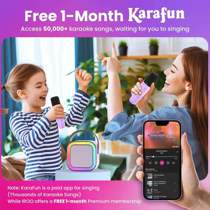 Mini Karaoke Machine for Kids, Christmas Birthday Gifts for Girls Boys Toy 4, 5, 6, 7, 8, 9, 10, 12+, Portable Bluetooth Speaker with 2 Wireless Mics, Karafun Premium Songs for All Ages(Purple)