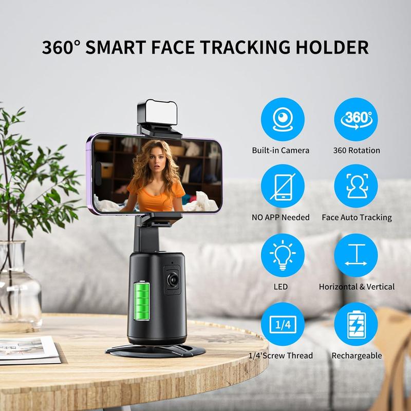 360° Rotating Auto Face Tracking Phone Holder,Auto Tracking Phone,No App Required,1 4-inch Interface,Stand Phone Camera Stand with Remote and Gesture Control,Rechargeable Smart Shooting Stand for Live Video Recording,Built-in Rechargeable Battery