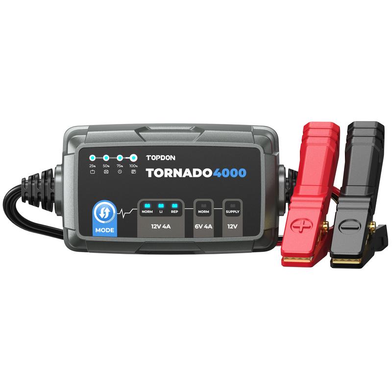 Compact TOPDON Tornado4000 Battery Charger for 5-120Ah Batteries, 9-Step Smart Charging & Desulfation Capabilities, Lithium Accessories Charging