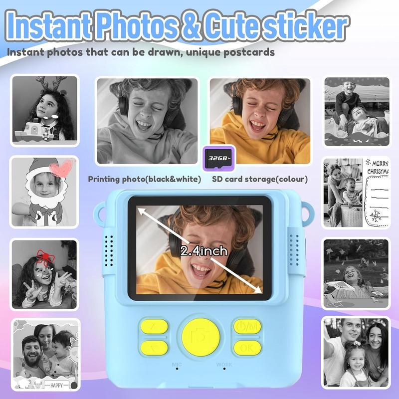 Camera Instant Print, Christmas Birthday Gifts for   3-12, Selfie Digital Camera with 1080P Videos, Portable Travel Camera  for 4 5 6 7 8 9 Year Old Boys