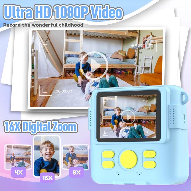 Camera Instant Print, Christmas Birthday Gifts for   3-12, Selfie Digital Camera with 1080P Videos, Portable Travel Camera  for 4 5 6 7 8 9 Year Old Boys