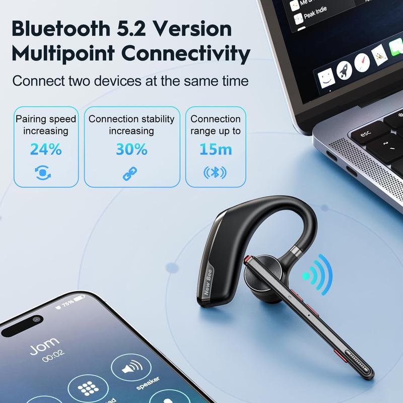 New Bee Driver Bluetooth Headset: Dual microphone noise reduction and V5.2 connectivity, enjoy 80 hours of playback time, 500mAh charging box - suitable for office and driving, as well as truck drivers