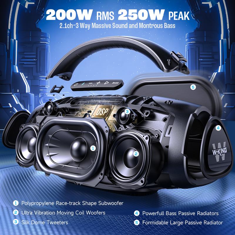 W-KING 250W Peak 200W RMS Portable Bluetooth Speakers, Massive Bass Party Boombox IPX7 Waterproof Bluetooth Speaker Large, Loud Outdoor Wireless Speaker V5.3 EQ APP Fast Charge Stereo Pair Guitar in