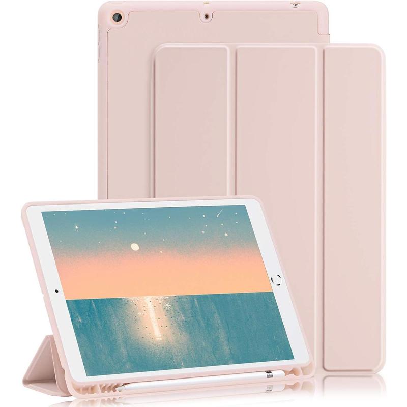 for iPad 9th 8th 7th Generation Case (2021 2020 2019) iPad 10.2-Inch Case with Pencil Holder [Sleep Wake] Slim Soft TPU Back Stand Protective Cover Cases(Light Pink)