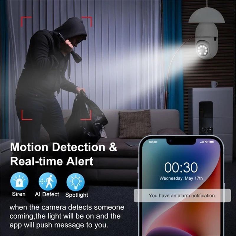 E27 Light Bulb Camera, 360° Rotatable Wireless Security Camera, Motion-Detection Full Color Night Vision Loop Recording Security Camera for Home