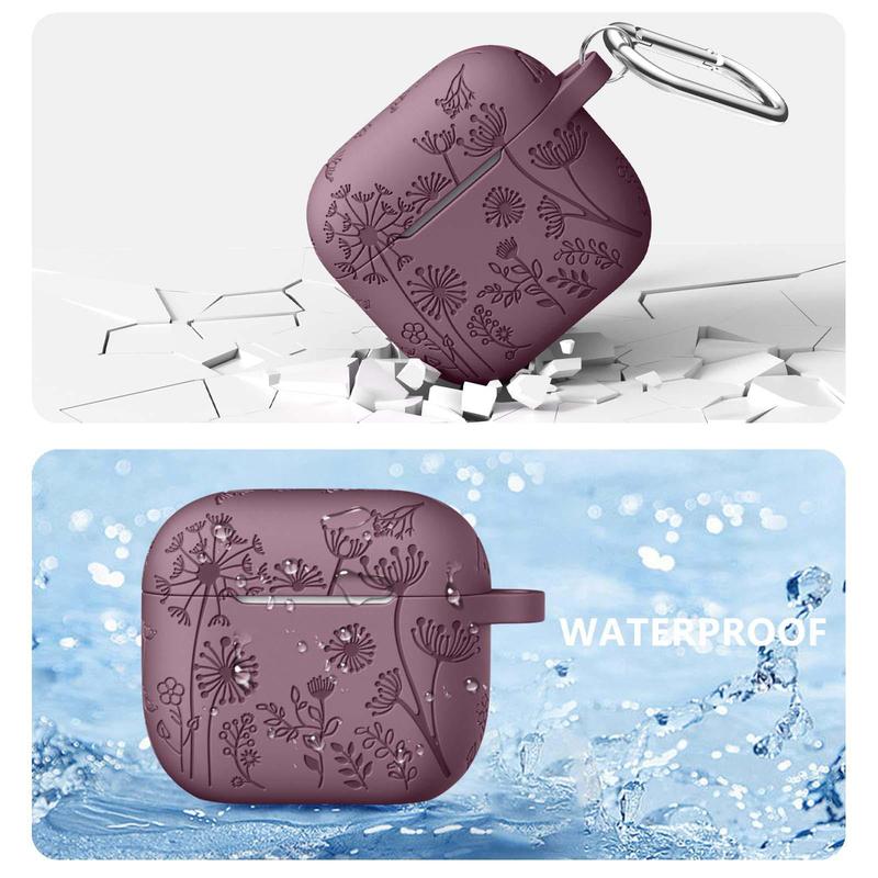 Flower Engraved Case with Keychain, Silicone Skin Cover, Full Protective Case Cover with LED Visible, Earphone Accessories for AirPods 3rd Generation