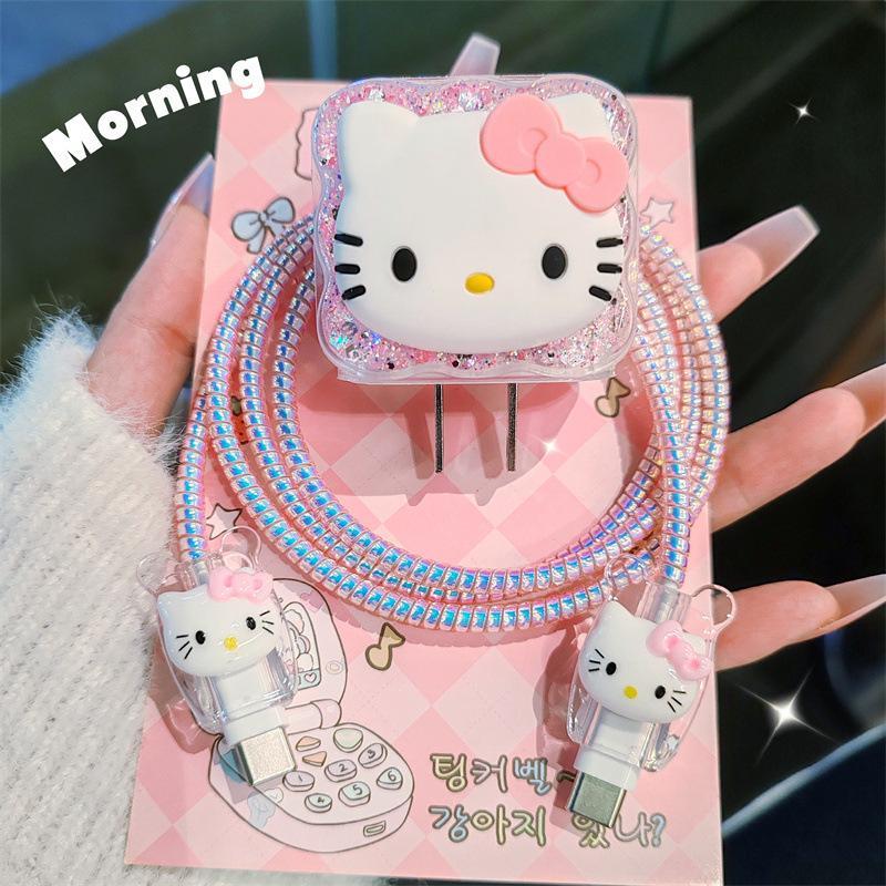 Sanrio Cat Design Data Cable Protector Set, Cute Cartoon Design Charger Protective Cover, Phone Accessories Compatible with iPhone 20W Charger