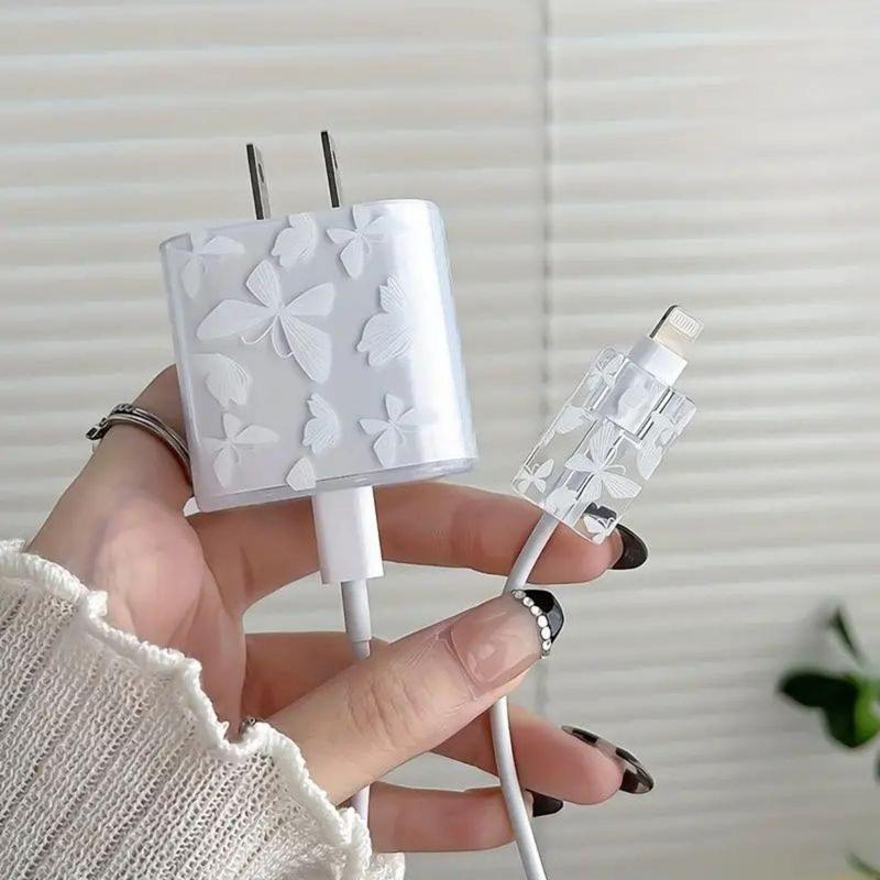 Butterfly Pattern Charger Cable Protector, Transparent 20W Charger Protective Cover Set, Anti-fall Charger Head & Charging Cable Protective Cover