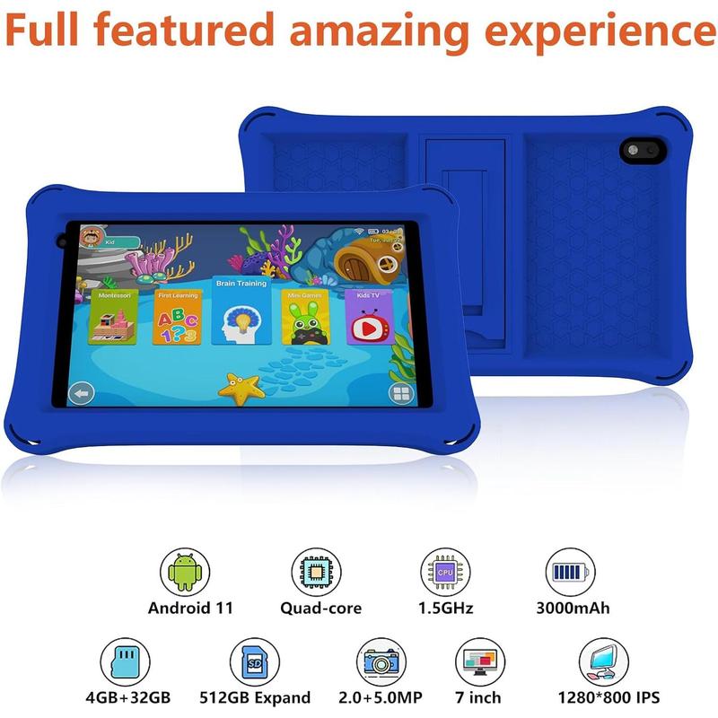 7 Inch  Tablet, Android  Tablet, 32GB ROM+4GB RAM, Quad-core Processor, IPS HD Eye-Care Touchscreen, Dual Camera Tablets PC with  Case Blue