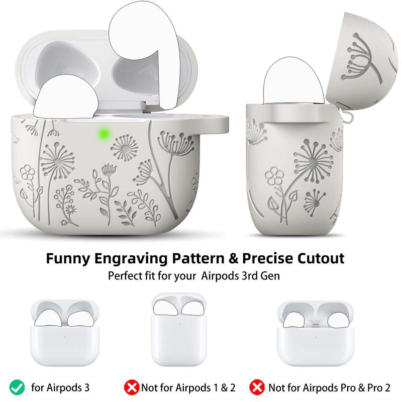 Flower Engraved Case with Keychain, Silicone Skin Cover, Full Protective Case Cover with LED Visible, Earphone Accessories for AirPods 3rd Generation