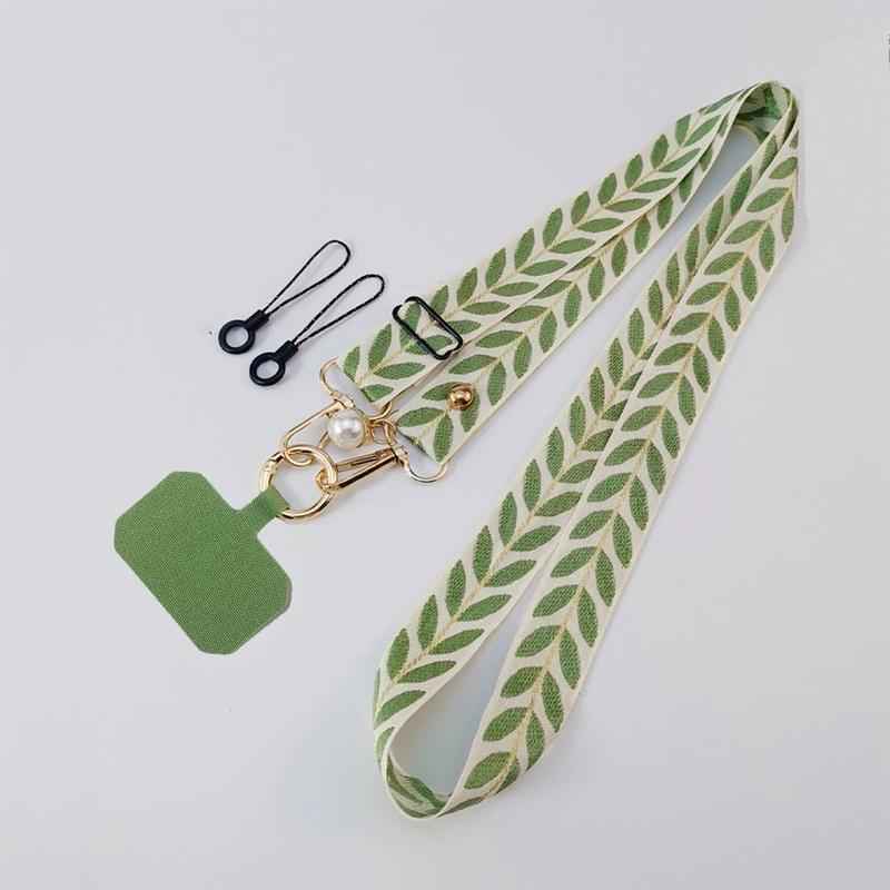 Fashionable Leaf Print Pattern Phone Lanyard, Adjustable Phone Strap with Faux Pearl Decor Pendant, Mobile Phone Decoration Accessories for Women & Girls