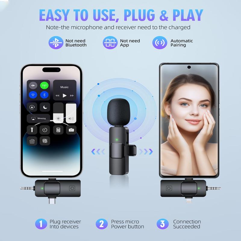 3 in 1 Wireless Lavalier Microphones for iPhone, Smartphone,iPad, Android, Camera, USB-C  Clear Audio Microphone, 7-Hour Battery, Mini Microphone with Noise Reduction for Video Recording, Vlog