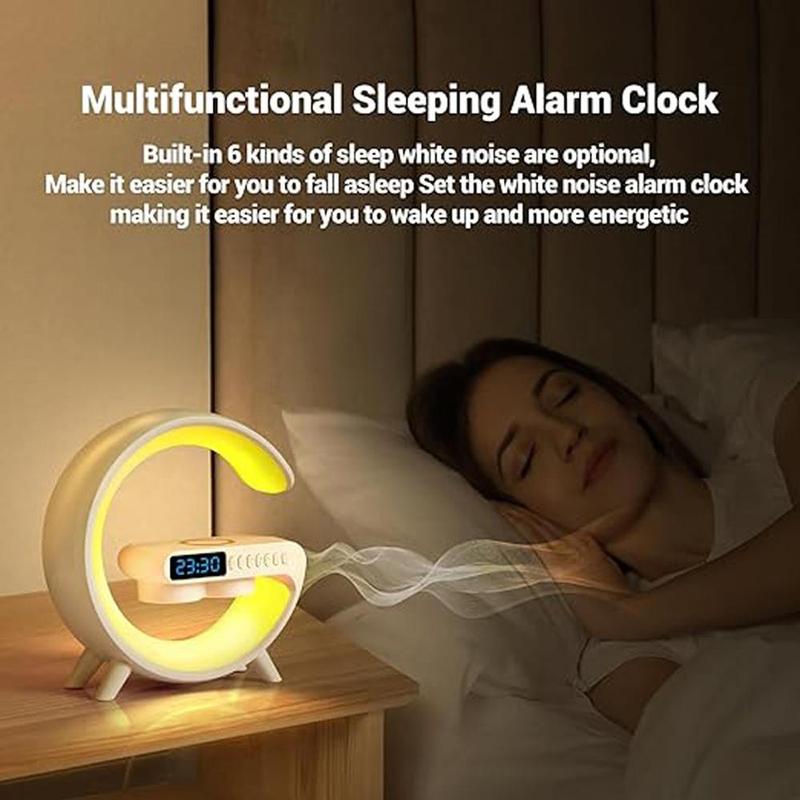 G Shaped Wireless Fast Charging Speaker with Night Light, BT Speaker Ambient Light for Bedroom, Wireless Charging Ambient Lamp with Alarm Clock for Home