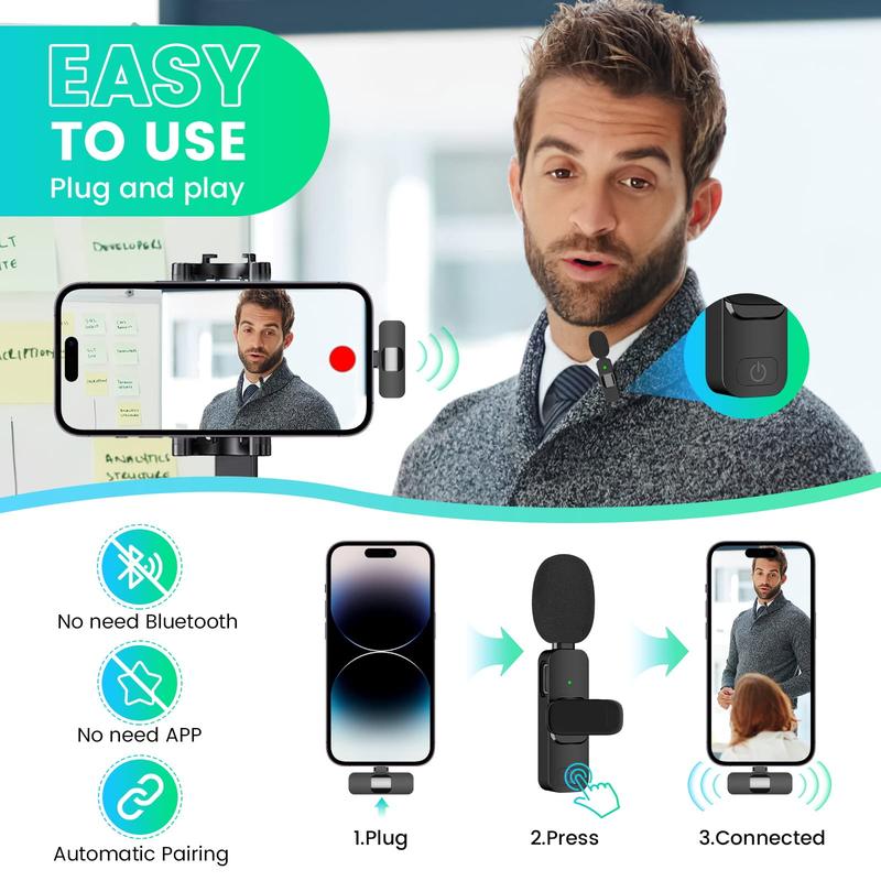 2 PCS Professional Wireless Lavalier Lapel Microphone for smartphone iPhone, iPad - Cordless Omnidirectional Condenser Recording Mic for audio  Interview Video Podcast Vlog Game Live Streaming