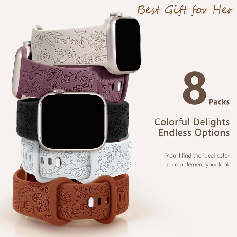 Multicolor Floral Engraved Pattern Watch Band, 8 Counts Fashion Silicone Wristband for Women & Men, Wearable Accessories Compatible with iWatch Series 9 8 7 6 5 4 3 Ultra 2 1 SE