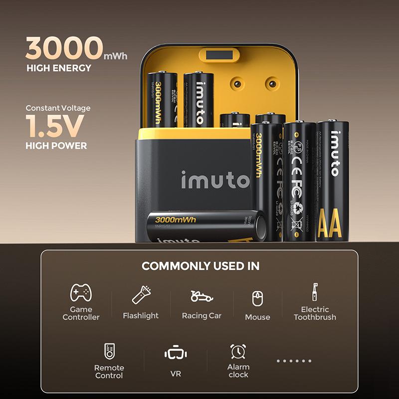 Brand New imuto 3000mWh Rechargeable Lithium AA Batteries with Fast Charger Case, 8 Pack 1.5V Long Lasting Double A Lithium-ion Batteries, 2.5H Fast Charge, Recharge up to 1200x Times