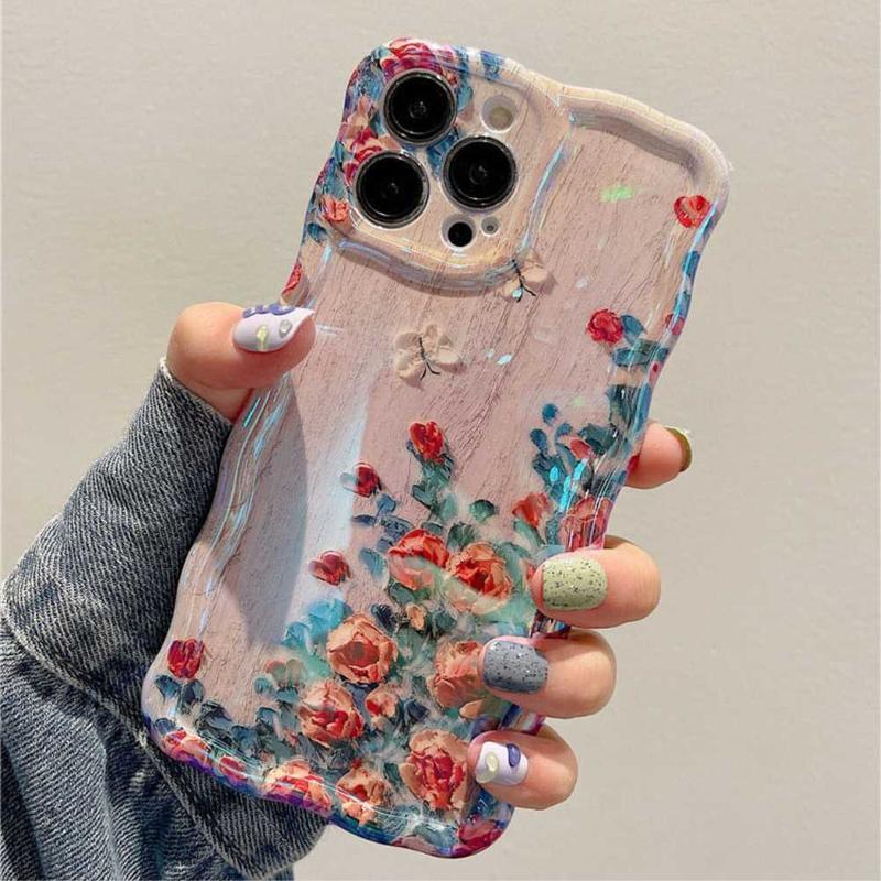 Flower oil painting art style phone case, wave edge camera protection phone case for iPhone 11 12 13 14 15 Pro Max