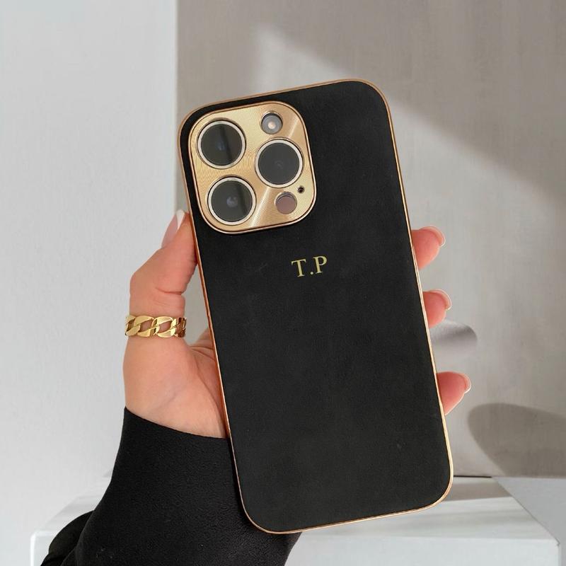 Personalized Suede Case for iPhone  16 15 Pro iPhone 14 Phone case Initials Engraving  Monogram Engraved PU Leather Phone case Gift idea for her Accessories Protection Custom Durable Cover Smartphone Handheld Protective Shockproof Cellphone Screen