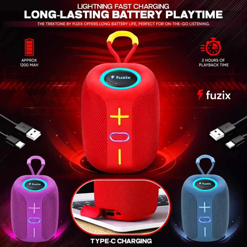 Fuzix TrekTone Portable Bluetooth Speaker High-Power, 360-Degree Stereo Sound, Bluetooth, LED Lights, TWS Function, FM Radio, MicroSD Card, USB Support, Wireless Speaker for Summer Gift, Durable Outdoor Audio Sound Machine for Camping, Back to School