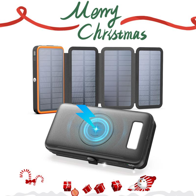 Christmas Gifts - Solar Charger Power Bank, 27000mAh Wireless Portable Charger with 4 Solar Panels, 22.5W Fast Charging Battery Pack USB-C in Output PD+QC3.0 Portable Power Bank for All Cell Phones, Best Gifts for Christmas