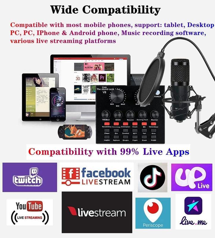 Podcast Equipment Bundle, with BM800 Podcast Microphone and V8 Sound Card, Voice Changer - Audio Interface -Perfect for Recording, Singing, Streaming and Gaming (V8-Black)