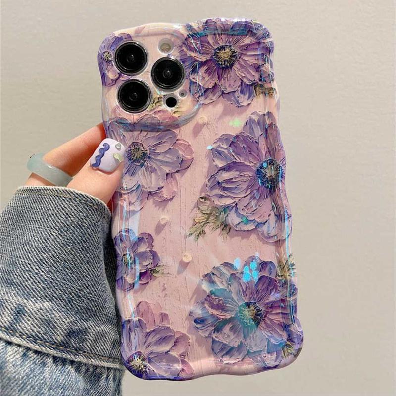 Flower oil painting art style phone case, wave edge camera protection phone case for iPhone 11 12 13 14 15 Pro Max