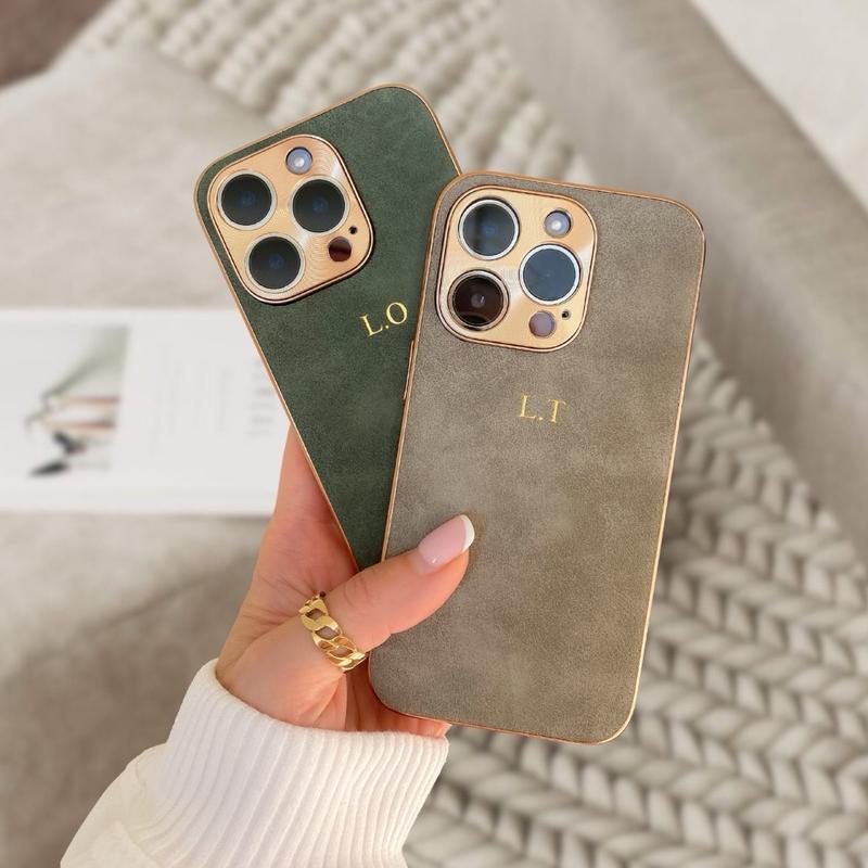 Personalized Suede Case for iPhone  16 15 Pro iPhone 14 Phone case Initials Engraving  Monogram Engraved PU Leather Phone case Gift idea for her Accessories Protection Custom Durable Cover Smartphone Handheld Protective Shockproof Cellphone Screen