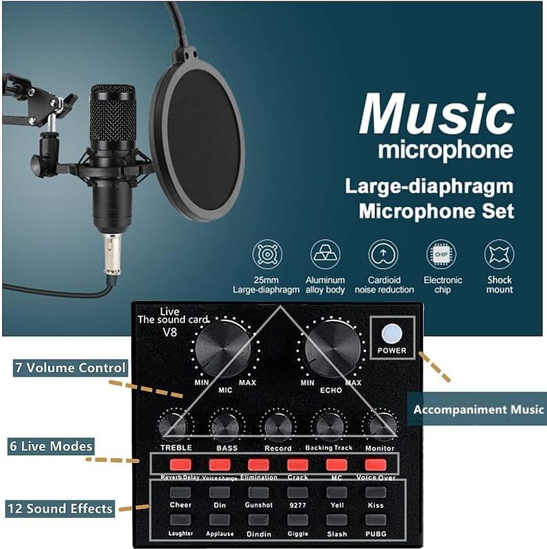 Podcast Equipment Bundle, with BM800 Podcast Microphone and V8 Sound Card, Voice Changer - Audio Interface -Perfect for Recording, Singing, Streaming and Gaming (V8-Black)