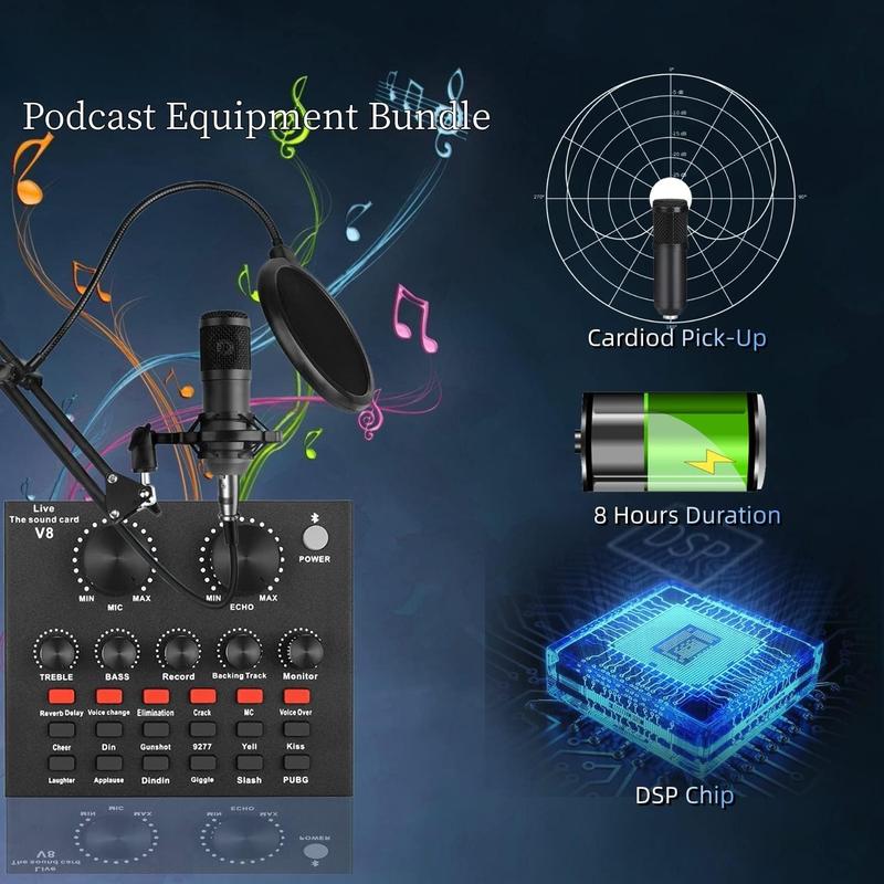 Podcast Equipment Bundle, with BM800 Podcast Microphone and V8 Sound Card, Voice Changer - Audio Interface -Perfect for Recording, Singing, Streaming and Gaming (V8-Black)