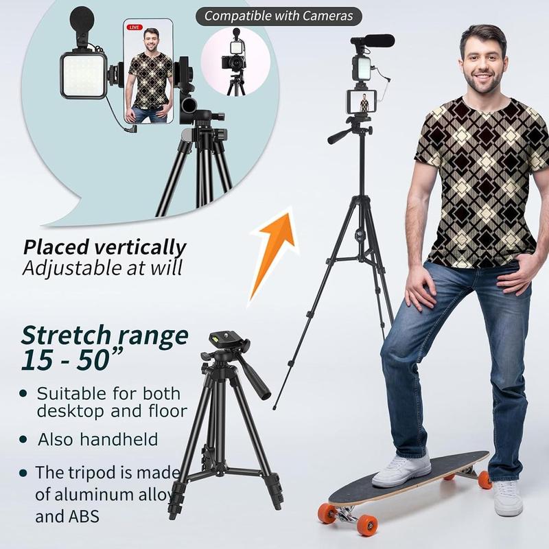 Video Blog Kit, 1 Set Telescopic Tripod & Microphone & Fill Light & Remote Control, Camera Accessories for iPhone & Android & Camera