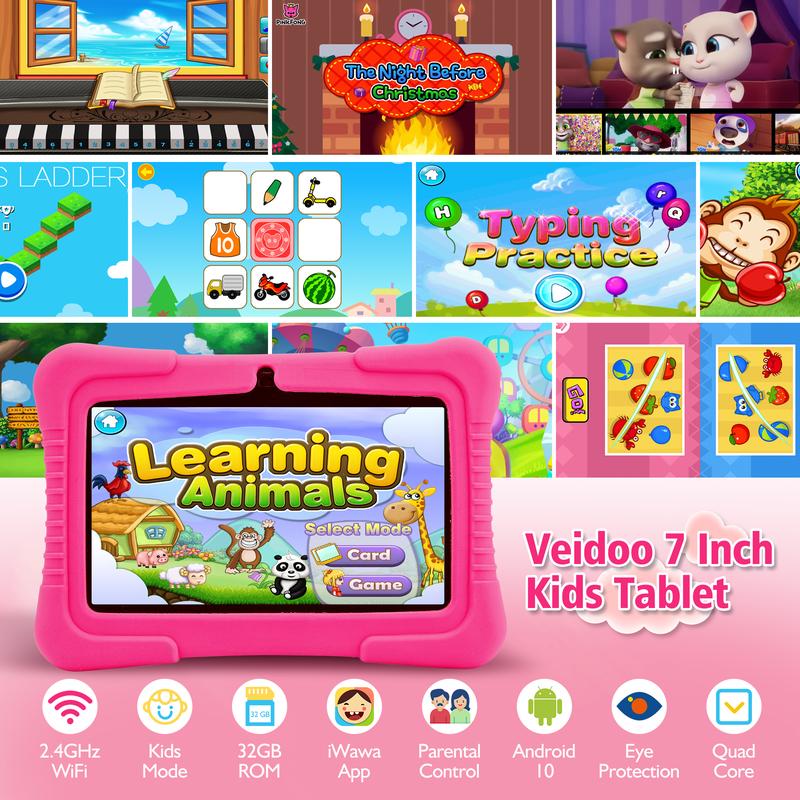 Kids Tablets PC, Veidoo 7 inch Android Kids Tablet with 2GB 32GB Storage, Safety Eye Protection IPS Screen, Premium Parent Control Pre-Installed Educational APP, Best Gift for Children