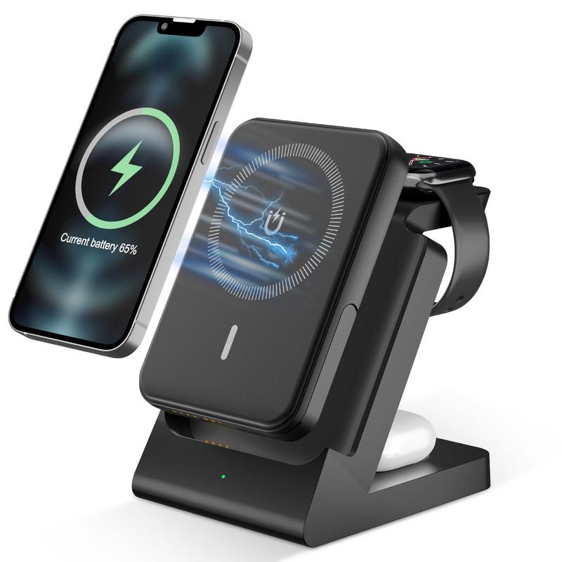 4-in-1 Wireless Charger, 15W Fast Wireless Charger with 5000mAh Power Bank, Detachable Wireless Charging Station for iPhone Watch Earphones