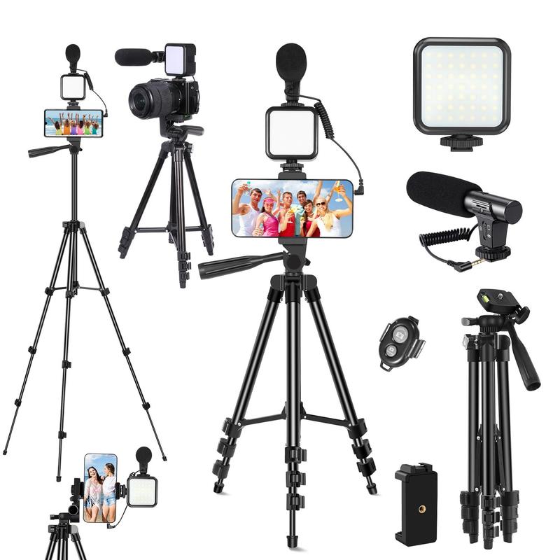 Video Blog Kit, 1 Set Telescopic Tripod & Microphone & Fill Light & Remote Control, Camera Accessories for iPhone & Android & Camera