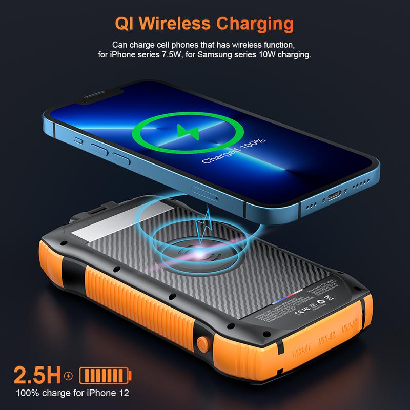 Solar Power Bank, PD20W QC3.0 Fast Charging 10W Wireless Charger 33500mAh Solar Powered Powerbank with Type C Input Output, 5 output ports for efficient charging，IP67 Waterproof, anti-fall，Camping Flashlight。 Suitable for outdoor activities, etc