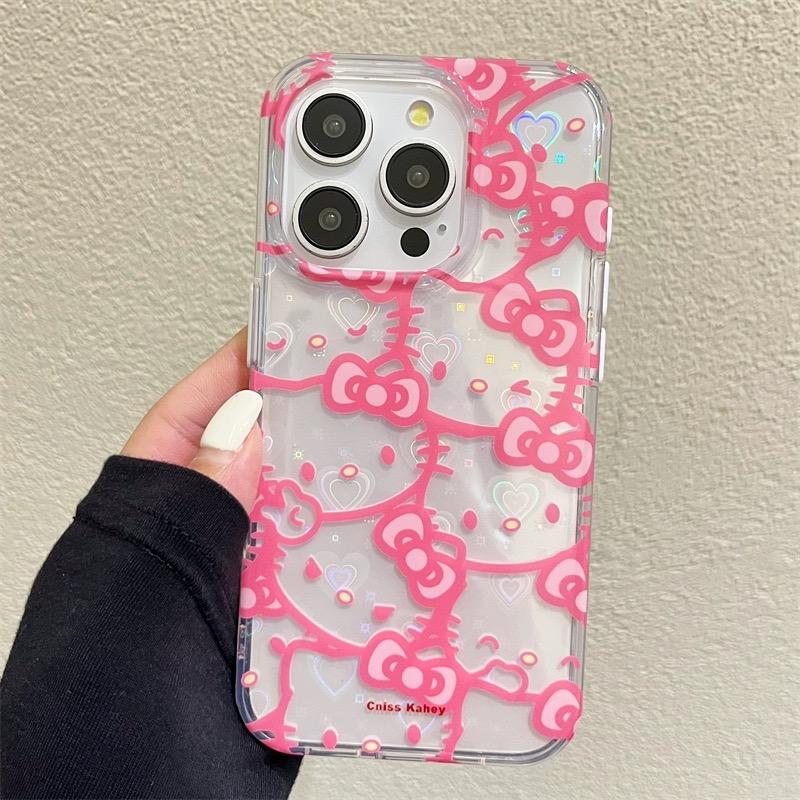 Pink Cute Cartoon Full Screen Fashion KT Phone Case For iPhone 15 14 13 Pro Max MAX  Girl Laser Cover