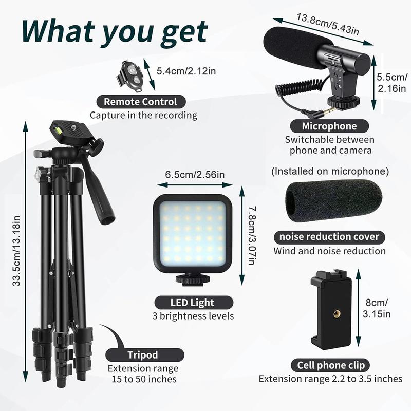 Video Blog Kit, 1 Set Telescopic Tripod & Microphone & Fill Light & Remote Control, Camera Accessories for iPhone & Android & Camera