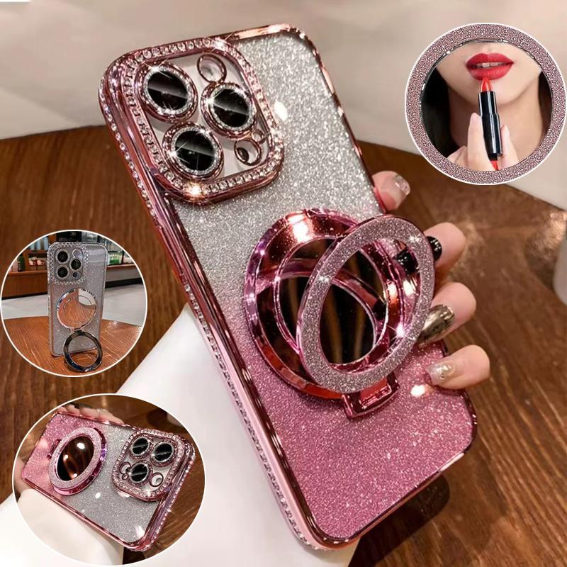 Glitter Rhinestone Phone Case with Ring Mirror Holder, 1 Count Fashion Phone Protective Cover, Phone Accessories for iPhone 15 Pro Max 14 Plus 13 12