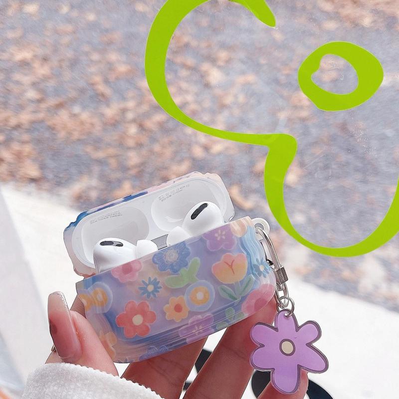 Cute Flower Pattern Earphone Case with Keychain, 1 Count Soft TPU Earphone Protective Cover, Earphone Accessories Compatible with AirPods