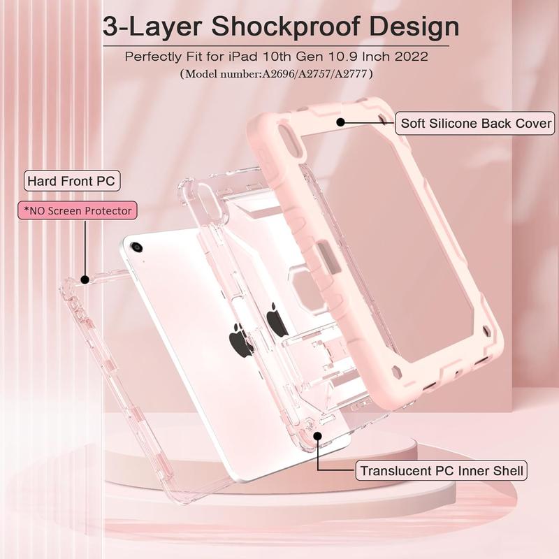 Case for iPad 10th Generation Case 2022 with Shoulder Strap, Translucent Hard PC Back Cover, with Kickstand and Pencil Holder, Heavy Duty Shockproof Protective iPad 10th Cover, Pink