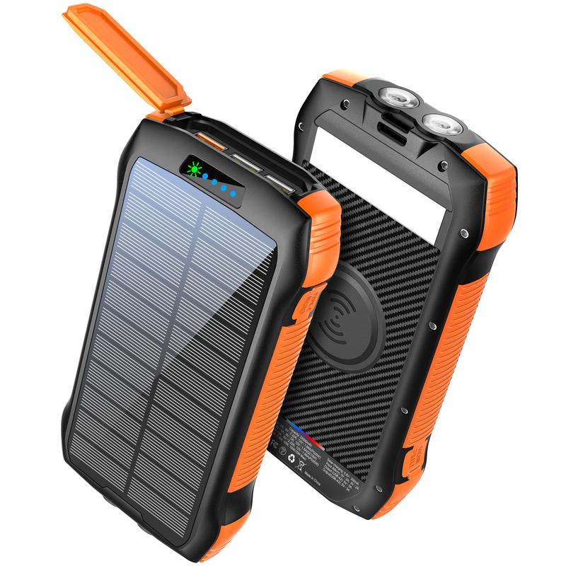 Solar Power Bank, PD20W QC3.0 Fast Charging 10W Wireless Charger 33500mAh Solar Powered Powerbank with Type C Input Output, 5 output ports for efficient charging，IP67 Waterproof, anti-fall，Camping Flashlight。 Suitable for outdoor activities, etc