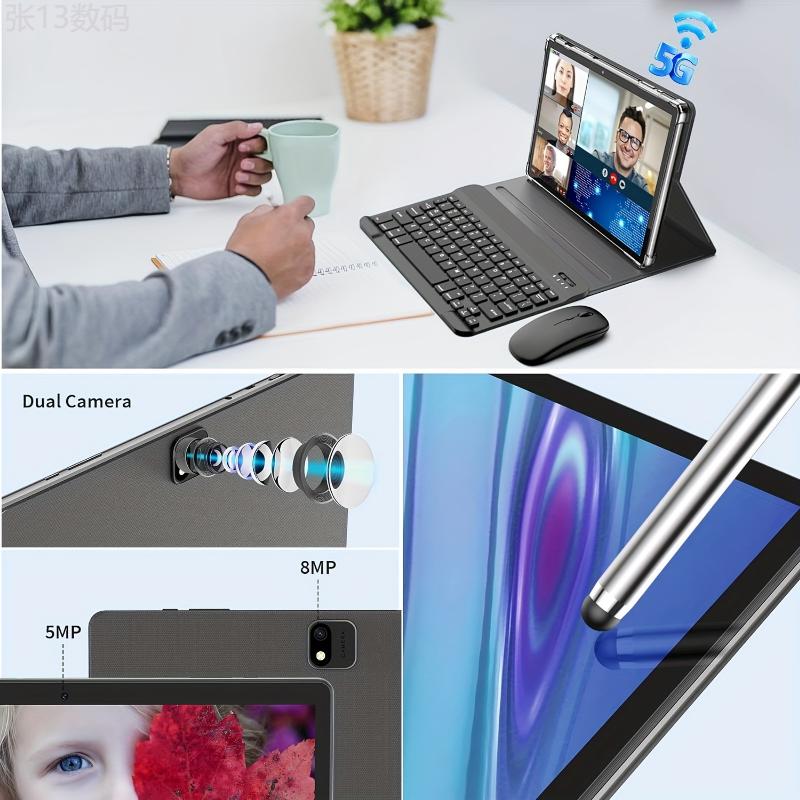 Tablet With Keyboard, 2 In 1 Tablet, 6GB+128GB, 1TB Expand, Android 13 Tablet, 10 Inch Tablet With Case, Mouse, Stylus, 2.4G 5G WiFi, GPS, Tablet PC Charging Communication Electronic Plastic Radio Rechargeable